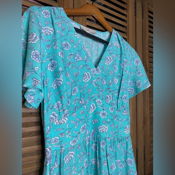 Loft Turquoise Floral V-Neck,flutter sleeve,pockets,airy&flowy, COMFY-size 6 - Picture 8 of 11